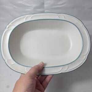 Country Ware Ashberry 10 Inch Oval Serving Bowl White with Blue Scalloped Edge